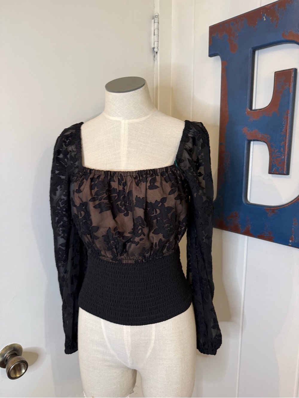 Current Air Black Floral Sheer Square Neck Smocked Waist Blouse Sz XS